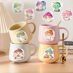 Cute anthropomorphic mushroom stickers shown on ceramic cups for creative decoration