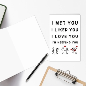 Funny anniversary card with stick figure couple and romantic text for lovers