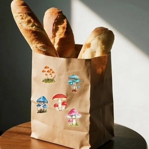 Realistic mushroom PET stickers on kraft bag with bread in a high-quality lifestyle setting