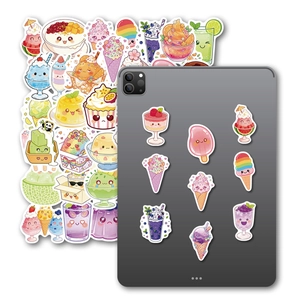 Detailed view of kawaii summer dessert stickers applied on a grey tablet cover
