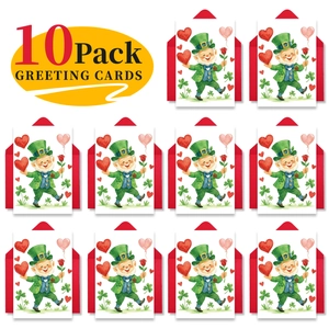 Set mit 10 St. Patrick's Aquarellkarten mit Leprechauns und roten Umschlägen