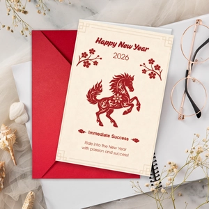 Carte de vœux Année du Cheval 2026 avec enveloppe rouge sur fond de marbre