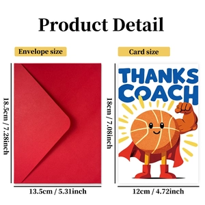 Cartoon basketball thank you card with red envelope for coach, size 18cm x 12cm