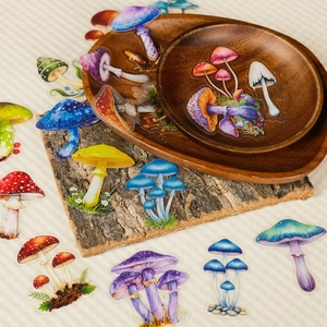 Detailed view of colorful realistic mushroom PET stickers on natural wooden decor