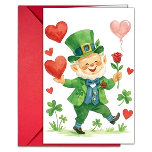 St. Patrick's Day Grußkarten-Set mit Aquarell-Gnom, Kleeblättern und rotem Umschlag