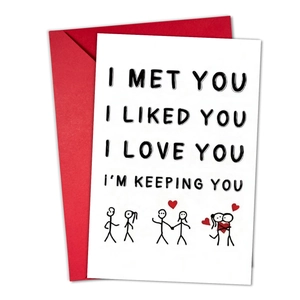 Minimalist anniversary card with stick figure illustrations and red envelope