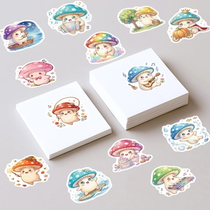 Detailed close-up of cute cartoon mushroom character stickers with vibrant colors and patterns