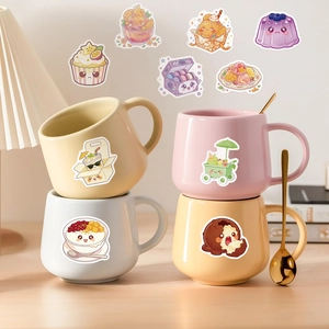 Close-up of summer dessert stickers on ceramic mugs with waterproof cartoon patterns