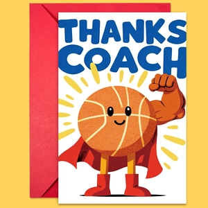 Close-up of superhero basketball coach thank you card with a matching red envelope