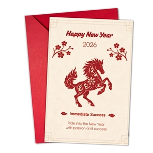 Détail de la carte de voeux 2026 Année du Cheval avec enveloppe rouge et motif découpé