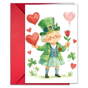 Detail der Aquarell St. Patrick's Grußkarte mit Leprechaun-Dame und rotem Umschlag