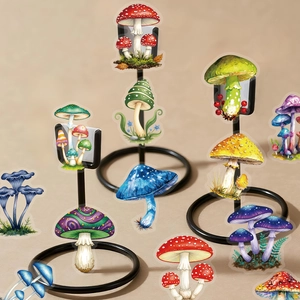 Macro view of realistic mushroom PET stickers set with colorful artistic patterns