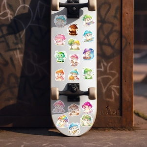 Detailed view of waterproof cartoon mushroom stickers on a white skateboard