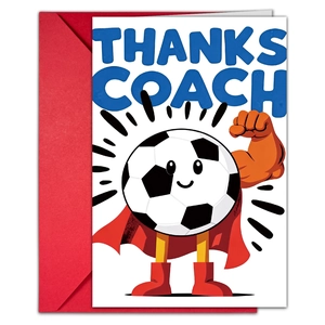 Detailed sports coach thank you card with cartoon soccer hero and red envelope