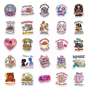 5x5 grid layout of 25 pink reading stickers with cat, skull, and book motifs