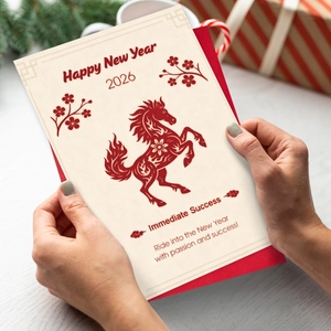 Détail de la carte de vœux 2026 Année du Cheval avec enveloppe rouge et motifs festifs
