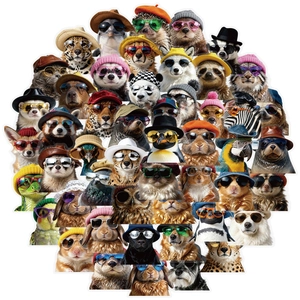 Lot de 50 autocollants en PET étanches d'animaux tendance portant lunettes et chapeaux