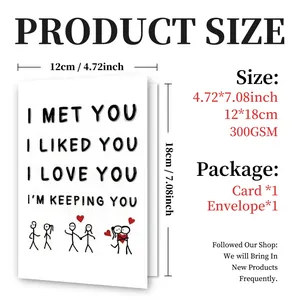 Size chart for 12x18cm 300GSM greeting card including envelope and package details