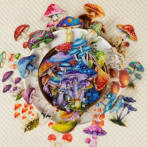 Artistic watercolor mushroom stickers displayed in white porcelain and wooden bowls