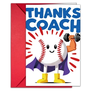 Detail of Thank You Coach card with a cartoon baseball hero and a red envelope set