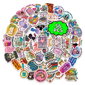 Detail view of 56 pcs pink reading stickers with books and skeleton cat illustrations
