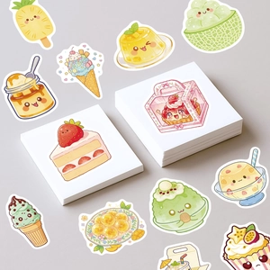 Flat lay of cute cartoon summer dessert stickers including ice cream and fruit pudding
