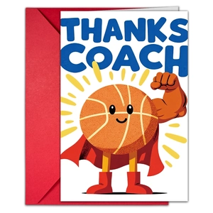 Sports basketball theme thank you coach greeting card set with a vibrant red envelope