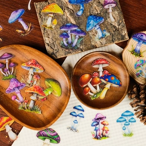 Realistic mushroom stickers applied on wood and bark for natural decorative scenery