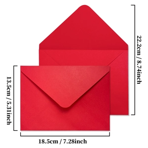 Detailed size chart of red paper envelopes showing open and closed dimensions in cm and inches