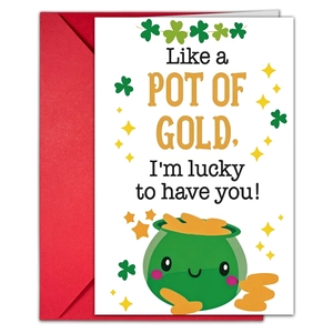 Nahaufnahme der St. Patrick's Grußkarte mit Goldtopf-Motiv und rotem Umschlag