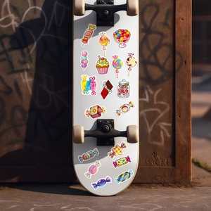 Waterproof sweet candy stickers applied on a skateboard with graffiti background