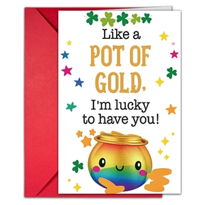 Detail der St. Patrick's Day Karte mit Pot of Gold Motiv und rotem Umschlag Set