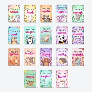 Set di 18 carte di affermazione con simpatici animali e frasi motivazionali dolci