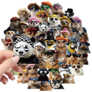 Lot de 50 stickers animaux en PET avec lunettes de soleil et chapeaux colorés