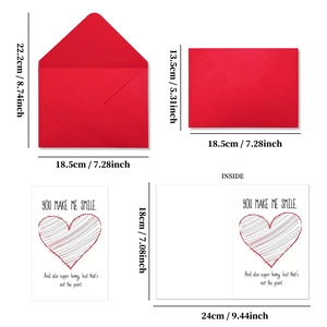 Detail view of Valentine's Day card with red envelopes and size specifications