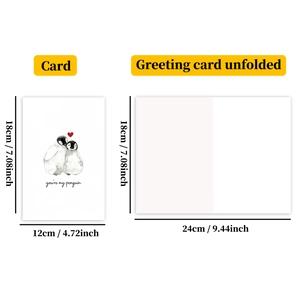 Detailed size specifications for romantic penguin greeting card showing open and closed dimensions