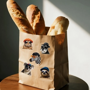 Détail d'autocollants d'animaux avec lunettes de soleil sur un sac en papier