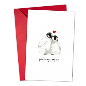 Detail of white watercolor penguin card with red heart and matching envelope set