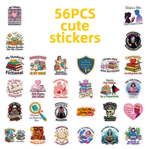 56PCS pink aesthetic reading stickers featuring bookish quotes and cute cartoon cats