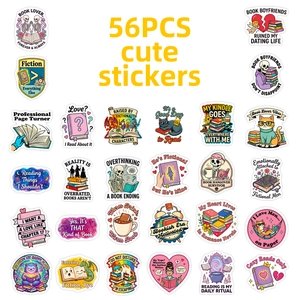 Set of 56 pink reading stickers featuring cute cats, books, and magical cartoon motifs