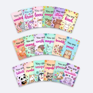 Set di 18 carte di affermazione motivazionali con animali carini e frasi positive