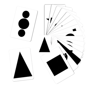 Macro shot of 18 black and white high contrast flashcards with geometric patterns for babies