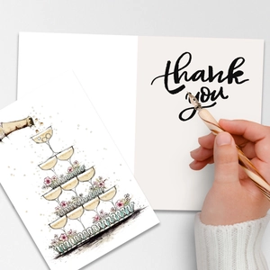 Elegant watercolor wedding thank you card set with floral champagne tower and pen