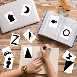 Detail view of high-contrast black and white flashcards for early childhood learning
