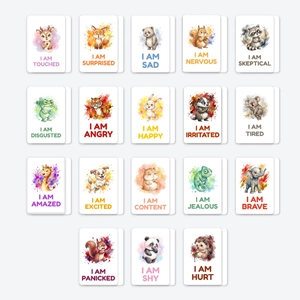 Set of 18 watercolor animal emotion flashcards for children learning emotional cognitive skills