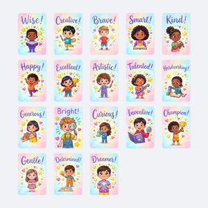 Griglia di 18 carte motivazionali per bambini con affermazioni positive e disegni