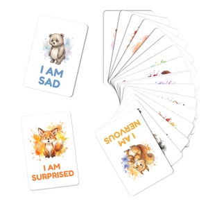 Set of 18 watercolor animal emotion flashcards for children learning English feelings