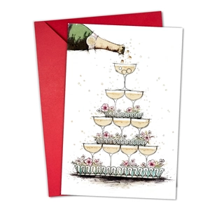 Detailed watercolor champagne tower wedding card with a vibrant red envelope