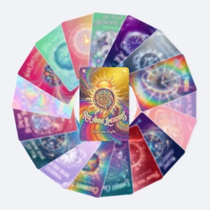 Detail van psychedelische orakelkaarten met gouden zonnewijzer en motiverende quotes
