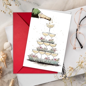 Artistic watercolor champagne tower wedding card with premium red envelope set